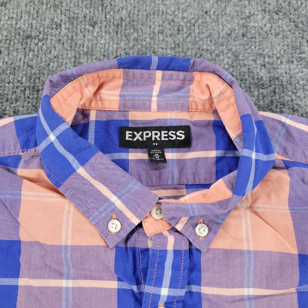 Express Button Shirt Men's Medium Blue Plaid Long Sleeve Single Pocket Adult M - Picture 3 of 16